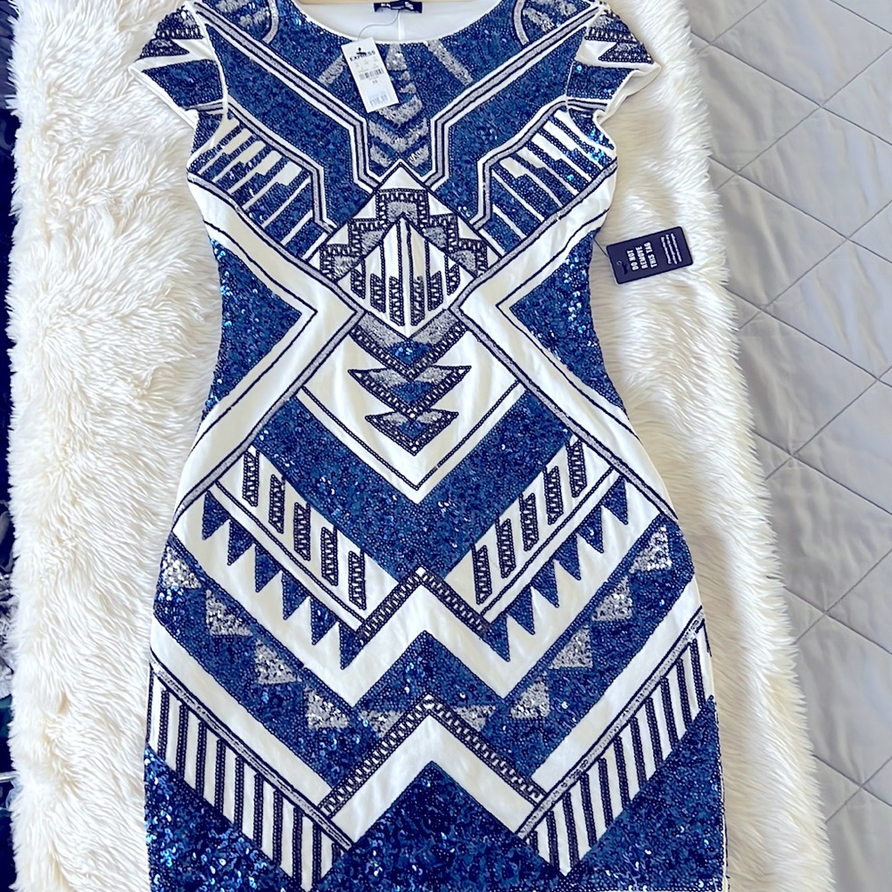 EXPRESS  NWT blue and silver sequins cap sleeve dress